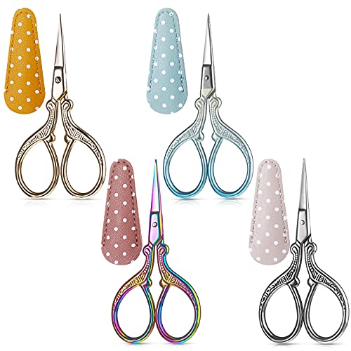 Honoson 4 Pcs Small Embroidery Scissors, 3.6", Simple, Retro Colors | Sewing Scissors with Leather Cover, Sharp Tip for Needlework Cross Stitch Crochet Knitting Craft, Stainless Steel Stork Shear - color: Retro Colors