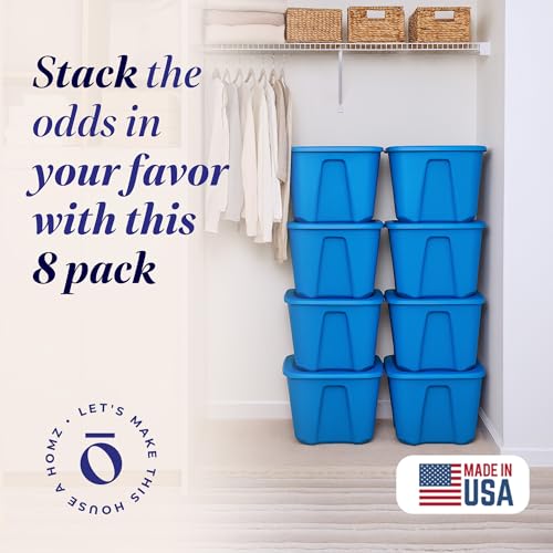 HOMZ 8-Pack Durable Molded Bin, Plastic Storage Containers with Lids, 18 Gallon, Blue - Stackable Organizer Totes and Boxes for Bedroom, Kitchen, and Garage Organization - color: Blue, size: 8 Pack
