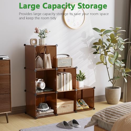 C&AHOME 6-Cube Storage Organizer Cube Shelf Closet Storage Bookcase, Brown | Stackable Cubby Storage, Bookshelf, Portable Plastic Storage Closet Organizer, DIY Modular Shelving Units for Home, Wardrobe - color: Brown