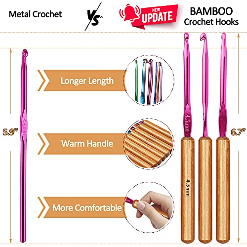 Coopay Bamboo Crochet Hooks Comfort Grip, Longer Aluminum Crochet Needles | 6.7" 9pcs 2.5mm-6.5mm Ergonomic Crochets Hook for Arthritic Hands & Beginnner Crocheting Blanket Shawls, Ideal Crochet Tool
