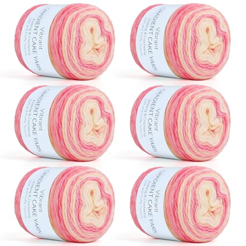 Aeelike Cake Yarn for Crocheting, Soft Ombre Crochet Yarn, Pink Yellow | 6 PCS #3 Light weight 100g(3.52oz) 245m( 267yards), 60% Cotton Blend Gradient Yarn for Blanket Scarves DIY Crafts, Ideal Gift - color: Pink Yellow Gradient, size: 6 pcs