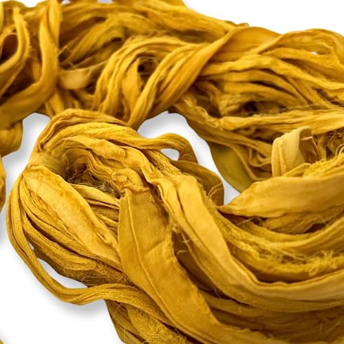 100% Recycled Saree (Sari) Silk Ribbon Yarn - Bulky Weight - 50 Yards per 100 Grams | Knitting & Crocheting | Jewelry Making, Gift Wrapping and Weaving (Harvest Gold) - color: Harvest Gold