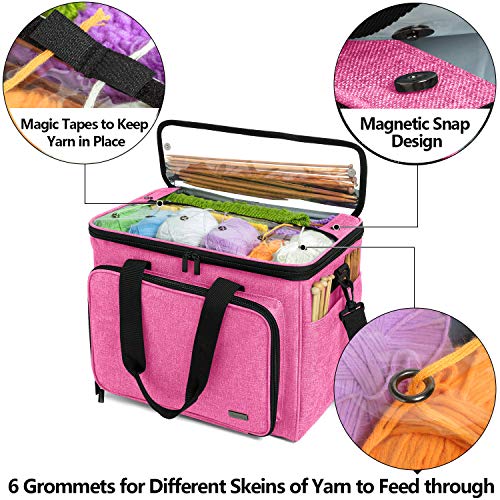 Teamoy Knitting Bag, Yarn Storage Organizer Crochet Bag Tote, Pink | Yarn Holder with Inner Divider(Sewn to Bottom) for Crochet Hook, Knitting Needles(Up to 14"), Project and Crocheting Supplies - color: Pink