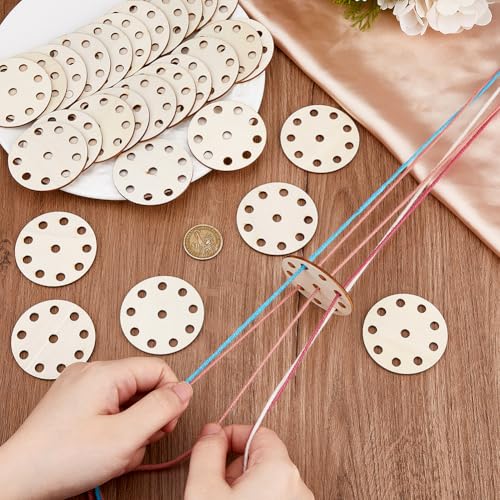 DICOSMETIC 36Pcs Wood Weaving Cards Round Loom Cards 2.15x2.15x0.1 Inch Tablet Weaving Supplies Burlywood 10 Hole Knitting Card for Gift DIY Tapestry Handcraft Tool, Hole: 6mm - size: 5.45x0.25cm