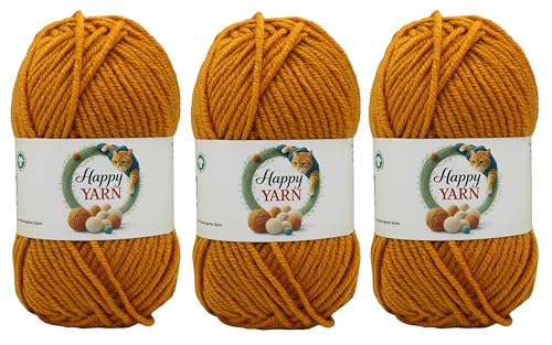 Sunny Cat Happy Yarn 50% Wool Yarn for Knitting & Crochet 3 x 3.5oz/100g, #5 Bulky Weight 3 x 120 Yards Soft Yarn for Sweaters Hats & Scarves Made in Turkey (Harvest Gold 72061) - color: Harvest Gold 72061