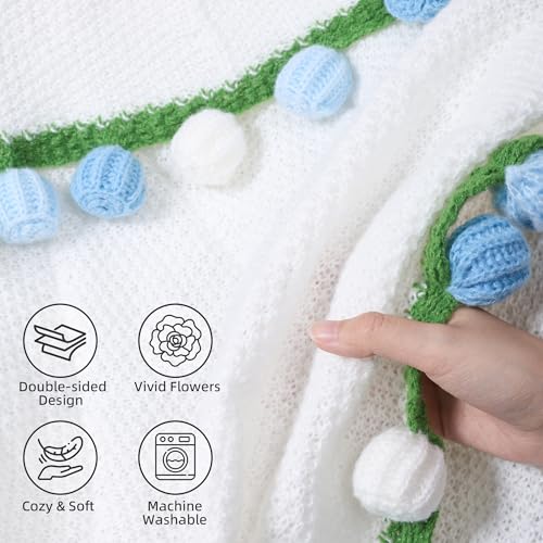 Ivydale Crochet Flower Bouquet Throw Blanket with Blue Rose - color: Blue Tulip