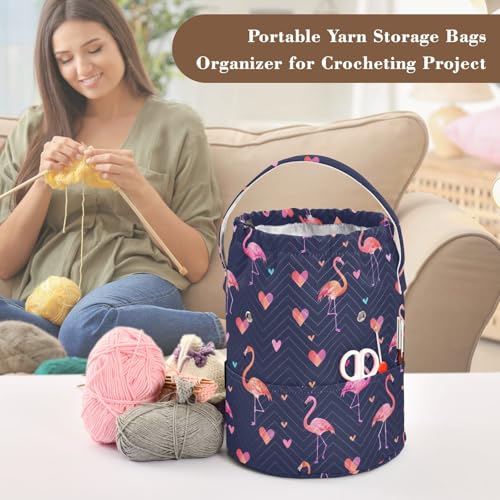 Fustylead Cute Pink Flamingo and Hearts Crochet Drawstring Organizer, Large Yarn Bag Storage Tote Basket for Crocheting On The Go, Kit Holder, Gift for Knitter, Crochet Beginner - color: Blue08 Flamingo