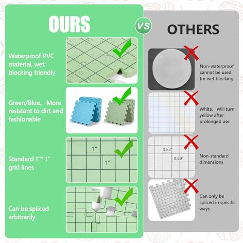 CraftyManor 5 PCS Blocking Mats for Knitting & Crochet Projects, Crochet Blocking Mat with 50 T- Pins, Knitting Board and Pins (Green 5PCS) - color: Green 5PCS-0.36in