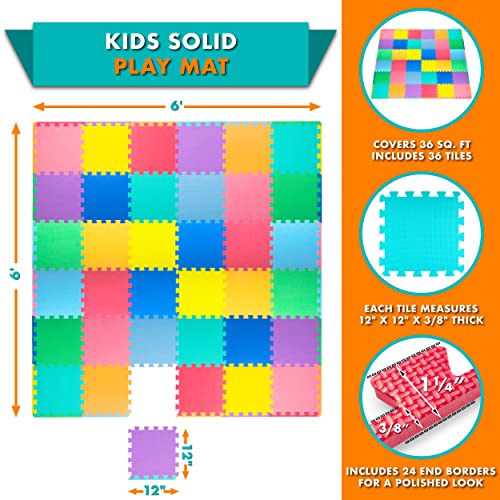 ProSource Baby Play Mat, Soft Foam Floor Tiles for Kids, Interlocking EVA Panels for Playpen Use, Crawling Development Surface, Safe Non-Toxic Toddler Flooring, 36 Tiles, Multicolor - size: 36 Tiles