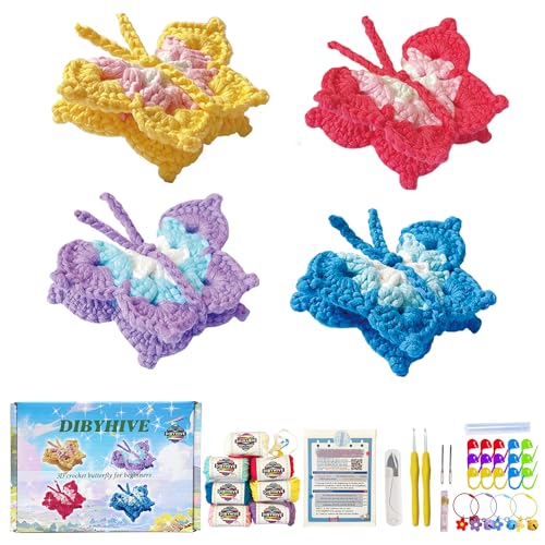 DIBYHIVE Crochet Kit for Beginners,Complete Video Tutorials,3D Butterfly Crochet Kit,Suitable for Adults and Kids,Includes Explanations of Basic Crochet Stitches - color: 001