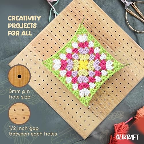 Olikraft Granny Square Blocking Board (9.5 Inch, 15 Pins, Stand) | Durable rubberwood build, evenly spaced 0.5 inch holes for perfect tension, secure hold from rust-resistant stainless steel - size: 9.5 inches, style: Standard - 15 pins