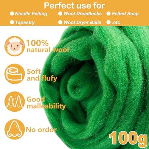 Green Wool Roving for Needle Felting,3.5oz Felting Wool, Soft Wool Batting for DIY Crafts, NeedleFelting Projects, and Artwork - color: Green