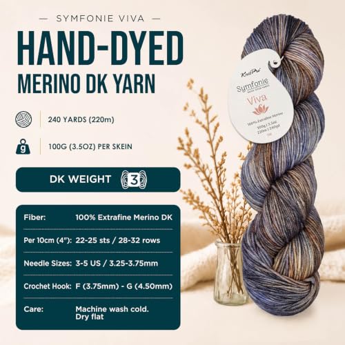 KnitPro Symfonie DK Weight Merino Wool Yarn 240yds, 100g, Mulberry Mud | 100% Extrafine Merino, Hand Dyed, OEKO-TEX Certified, Superwash, Colorfast, #3 Yarn Skein for Knitting & Crochet - color: Mulberry Mud