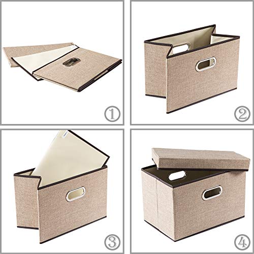 PRANDOM Collapsible Storage Cubes with Lids [3-Pack] Jute Fabric Foldable Storage Boxes Organizer Containers Baskets Bins with Cover for Home Bedroom Closet Office Nursery (14.9x9.8x9.8) - color: Khaki, size: M(3-Pack)