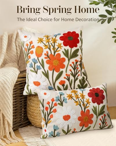 Embroidered Lumbar Pillow Cover 20x12 Inch, Flower Cluster | Decorative Throw Pillow Cover, Floral Farmhouse Cushion Case with Hidden Zipper, Home Decor for Couch, Sofa, Living Room - color: Flower Cluster, size: 20" x 12" (Pack of 1)