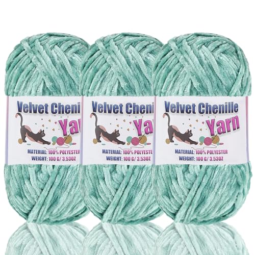 3 Skeins Soft Fluffy Velvet Chenille Yarn, Light Green | For Crocheting and Knitting, Handcrafts Weaving, Soft, For Baby Blanket and Clothes - color: 3 - Light Green