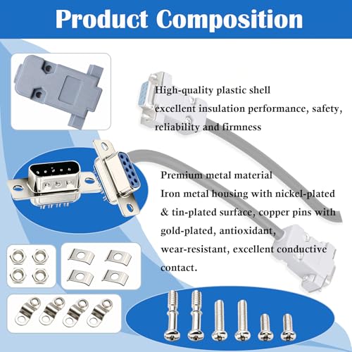 18Pack DB9 Connector Adapter Kit, 9 Pin D-SUB Male/Female Solder Cup Connectors, Tin Plated Housing, Lightweight Gray Plastic Hoods, Individually Bagged