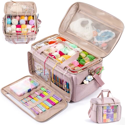 MYBAGZING Large Yarn Storage Bag,Crochet Bag Organizer,Yarn Bags for Crocheting,Crochet Storage Bag with Pockets for Crochet Hooks, Crochet Accessories,Knitting Bags,Gifts for Crocheters - color: Pink, size: Large