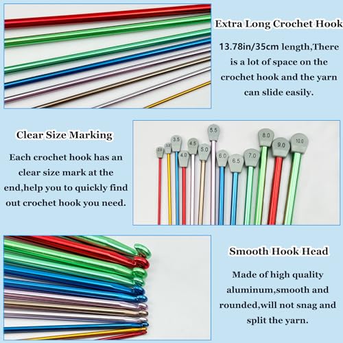 Hobekoee 2Pcs Tunisian Crochet Hook 8mm 9mm,Extra Long Crochet Hook 13.8in Afghan Crochet Needles Aluminum Large Tunisian Crochet for Beginner,Crocheting＆Knitting Lovers - size: 8.0mm/9.0mm