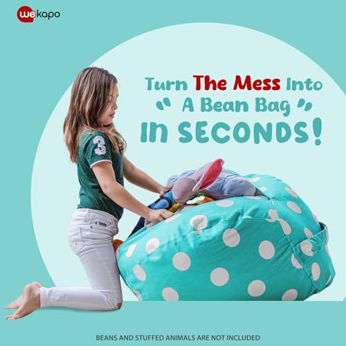WEKAPO Stuffed Animal Storage Bean Bag Chair Cover for Kids | Stuffable Zipper Beanbag for Organizing Children Plush Toys Large Premium Cotton Canvas (AquaDot, XX-Large) - color: Aquadot, size: XX-Large