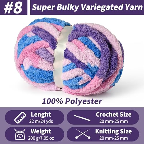 Chunky Jumbo Chenille Yarn Multicolor 10 Pack | 2000g/240yds Super Bulky Baby Soft Yarn for Hand Knitting Fluffy Chunky Knit Throw Blanket Yarn - color: 10 Blue-Pink-Purple