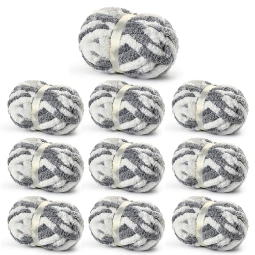 Chunky Jumbo Chenille Yarn White-Grey 10 Pack | 2000g/240yds Super Bulky Baby Soft Yarn for Hand Knitting Fluffy Chunky Knit Throw Blanket Yarn - color: White-Grey