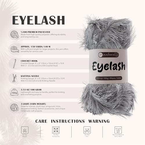 Makromecity Eyelash Yarn – Fuzzy Fun Fur Yarn, 3.53 Oz (100g) 150 yd (140m), Weight 3 Light, Premium Polyester Novelty Feather Yarn for Scarves, Amigurumi, Plush Toys & Craft (Grey, 1 Skein) - color: Grey, size: 1 Skein