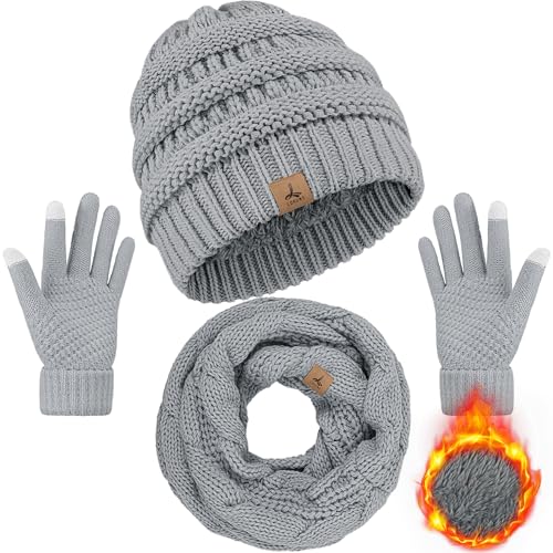 LOROME Winter Beanie Hat Scarf Gloves, Warm Fleece Knit Neck Scarf Set Gift | Hats Gloves Scarf Set, Touchscreen Gloves, Universal Size Neck Scarf Set Winter Gifts for Unisex Adult Winter Wear - color: Light Gray