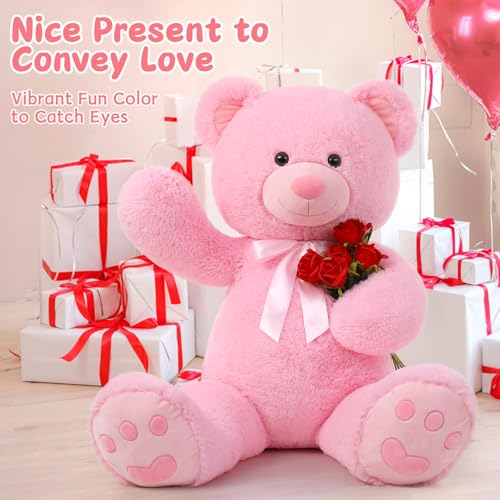 MorisMos 36 inch Big Teddy Bear Stuffed Animal, 3ft Large Bear Plush, Big Stuffed Bear with Footprints Gifts for Kids, Girls, Girlfriends, Women on Baby Shower, Valentine, Christmas, Birthday - color: Pink, size: 3 ft