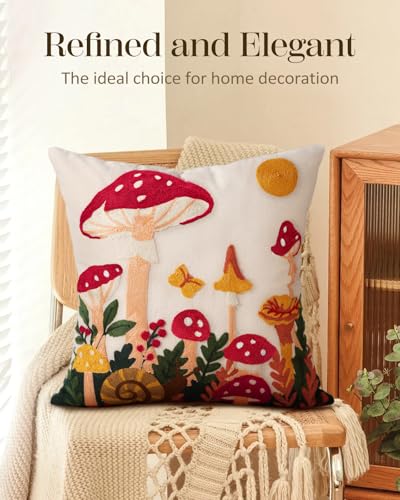 Embroidered Throw Pillow Cover 18x18 Inch - Spring Summer Boho Decorative Pillow Cover with Zipper for Living Room Couch Sofa Bed Aesthetic Design Mushroom Moon Cushion Pillowcase (Pack of 2) - color: Mushroom Moon, size: 18" x 18" (Pack of 2)