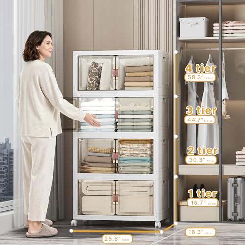 UAMFURI Stackable Storage Bins, 448QT Collapsible Drawers with Lid & Wheels | Large Capacity, Magnetic Door, Stack Lock, Rolling Casters, Foldable Design, Organizers and Storage for Bedroom Dorm Garage - color: White-112qt, size: 4Pack with 1 top lid