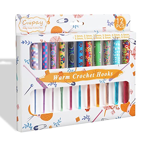 Coopay Warm Crochet Hooks Plus for Crochet Gifts, 12PCS 2mm-8mm(B-L) Crochet Kit Crochet Hook Set Ergonomic Grip Crochet Needles for Crocheting Art Yarn Craft,Precious Knitting & Crochet Supplies