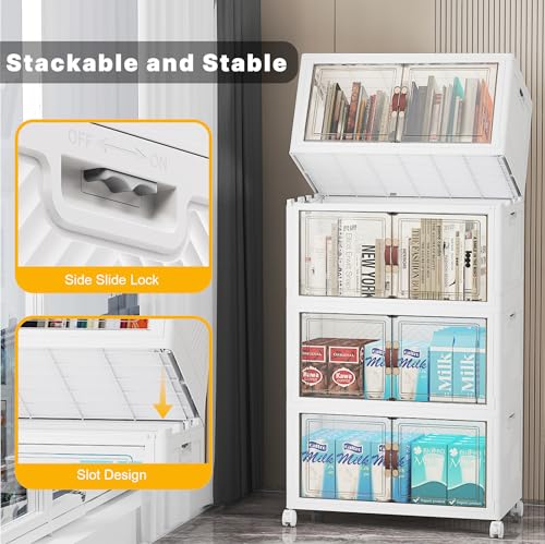 UAMFURI Stackable Storage Bins with Lid, 208QT Plastic Cabinet with Wheels | Large Capacity, Magnetic Door, Stack Lock, Rolling Wheels, Foldable Design, Organizers and Storage for Bedroom Dorm Garage - color: White-52qt, size: 4Pack with 1 top lid