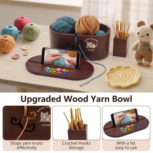 Oval Yarn Bowl Set with Lid & Phone Slot，for Knitting & Crocheting | Oval Crochet Yarn Holder Bowl with 9PCS Knitting Hooks Crochet and 10 Stitch Markers, for Knitters, Crocheters