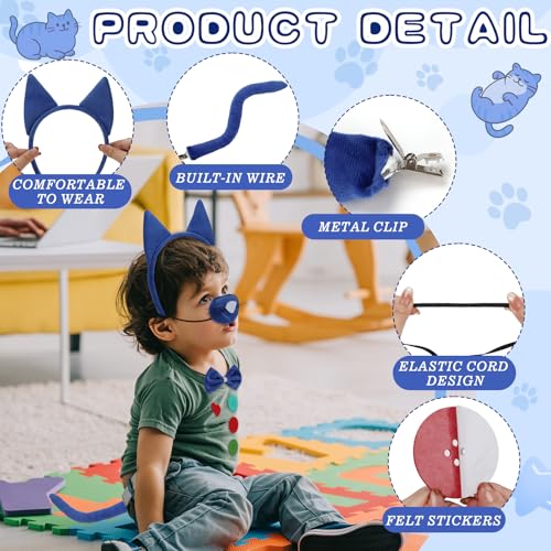 Mototo Zoo Animals Costume Accessories Set Animal Ears Headband for Adult with Tail Bow Tie for Halloween Dress Up Party - style: Blue Cat