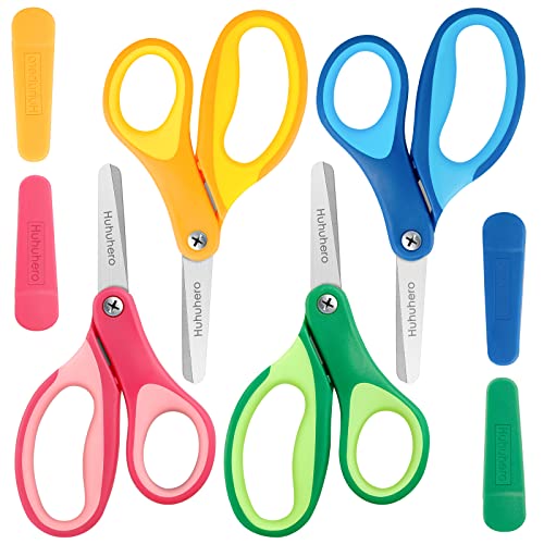 Huhuhero 5" Kids Scissors, Small Safety Toddler Blunt Tip Scissors, 4 Pack | Right & Left Handed, Premium Stainless Steel Blades, Soft Grip Handle, Scissors Set for Child Kids Classroom Craft Cutting