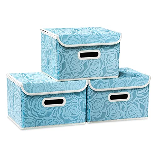 PRANDOM Collapsible Storage Boxes with Lids Fabric Decorative Storage Bins Cubes Organizer Containers Baskets with Cover Handles Divider for Bedroom Closet Living Room 9.8x7.9x6.7 Inch 3 Pack - color: Blue, size: Small(3-Pack)