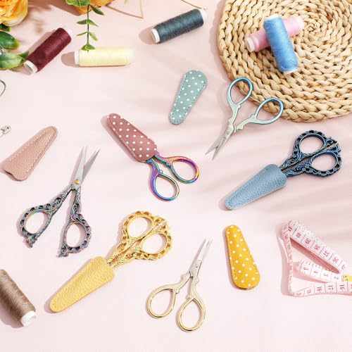 Honoson 6 Pcs Small Embroidery Scissors, 3.6", Mixed, Vibrant Colors | Sewing Scissors with Leather Cover, Sharp Tip for Needlework Cross Stitch Crochet Knitting Craft, Stainless Steel Stork Shear - color: Vibrant Colors