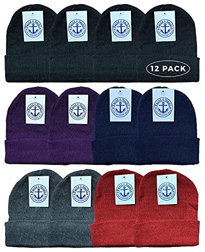 Yacht & Smith Wholesale Beanie and Glove Winter Bulk Kit, Kids Adults Bulk Sets, Homeless Donation Shelters - color: 12 Packs Adult Assorted Solid Beanies