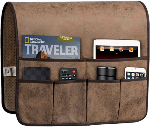 HAOMAIJIA Sofa Armrest Organizer, Remote Control Holder for Recliner Couch | Anti Slip Arm Chair Bedside Caddy Storage Organizer With 6 Pockets For Cell Phone Tv Remote Control Magazines (brown) - color: brown, size: 35 Inches × 19.3 Inches