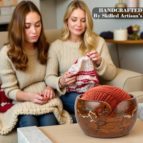 Wooden Yarn Bowl Knitting & Crochet Yarn Holder | Handcrafted Crochet Bowl with Fractal Wood Burning & Blue Resin Inlay (Blue Large 7x7x4) (Multi) - color: Multi