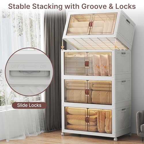 UAMFURI Stackable Storage Bins with Lids, 720QT Lockable Storage Cabinet | Folding Storage Box with Doors and Wheels, Collapsible Plastic Drawers for Home, Garage, Office - color: White, size: Extra Large
