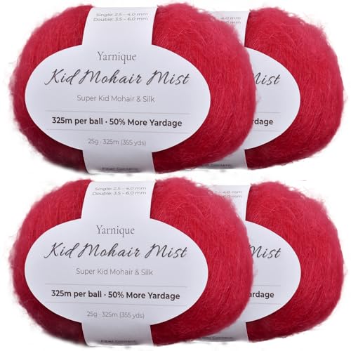 Kid-Silk Mohair Yarn, Lace Weight, 4 Balls 100g, 1420 yds | Yarnique Silk Feel Mohair Yarn | Featherlight Softness | Elegant Drape (22 Vivid Rose Red ) - color: 22 Vivid Rose Red