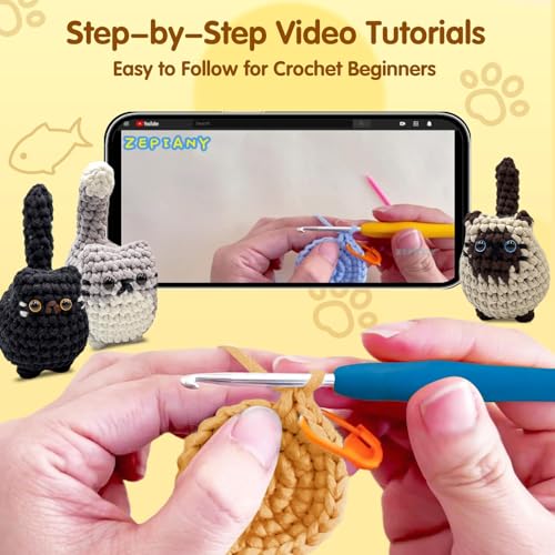 Zepiany Crochet Kit for Beginners Crochet Cat Beginner Crochet Kit for Adults Amigurumi Crochet Animals Cat Crafts Hobby Crochet Kits Easy Knitting Kit