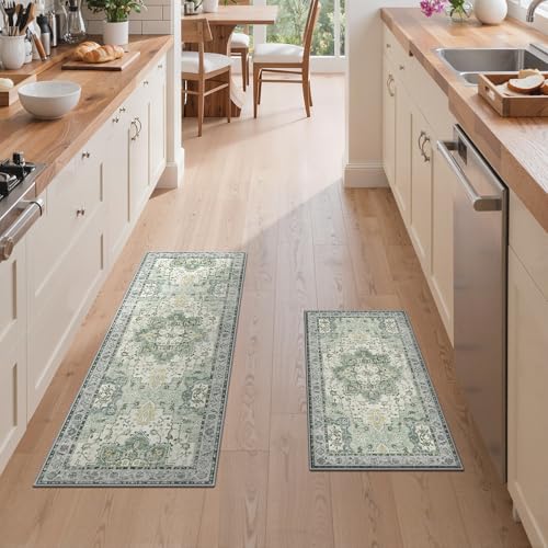 GENIMO Kitchen Rugs Set of 2, Washable Non Slip Cushioned Mats for Floor | 20"x32"&20"x48", Green vintage boho rug, soft faux cashmere, low pile, easy-clean for laundry, entryway, sink, farmhouse - color: Light Green, size: 20"x32"+20"x48"