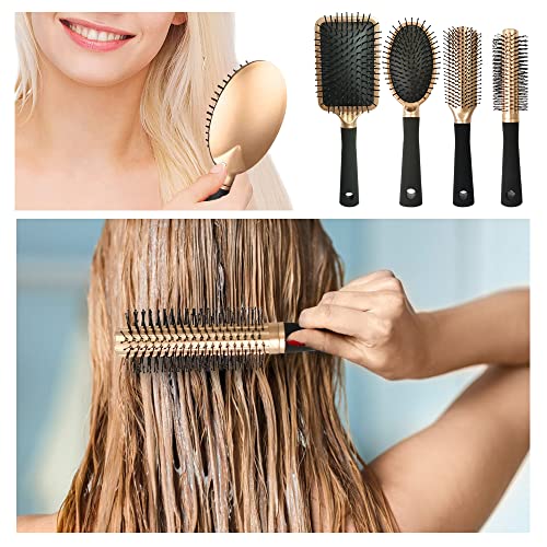 4 Pcs Hair Brush Set,Professional Styling Hair Brush for Men Women,Flexible Soft Pin Bristles for Long Thick Curly Wavy Dry Damaged Hair - color: Gold