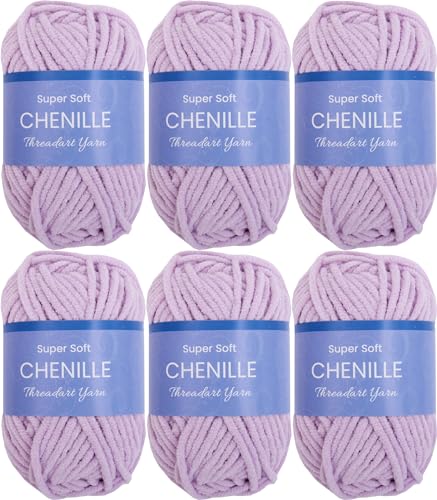 ThreadArt 6 Pack Chenille Yarn for Crochet, #5, Lavender 11 | Super soft plush chenille yarn for crochet, knitting, amigurumi, blankets and toys. Fluffy #5 weight, 50g/60yd skeins. - color: LAVENDER, size: 6 PACK