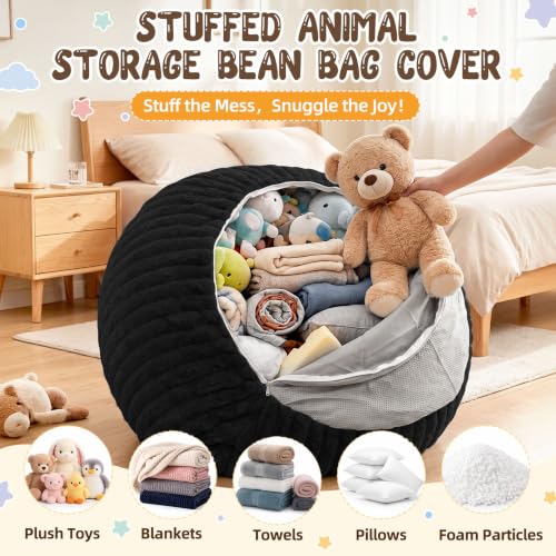 Bean Bag Cover No Filler Stuffed Animal Storage Bean Bag Chair Cover | Soft Faux Rabbit Fur,Non-Slip Bottom,Durable Zipper,Fill with Plush Toys or Blankets,for Adults Teens Kids Girls,Black - color: Black (Cover Only), size: Small(28''x28''x32'')