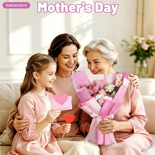 TORONTOKYO Crochet Flower Bouquet, Pink Crochet Bouquet for Women, 18 PCS | Handmade Knitted Flowers with Gift Card for Valentine's Day, Mother's Day, Graduation, Birthday Gifts - color: Pink