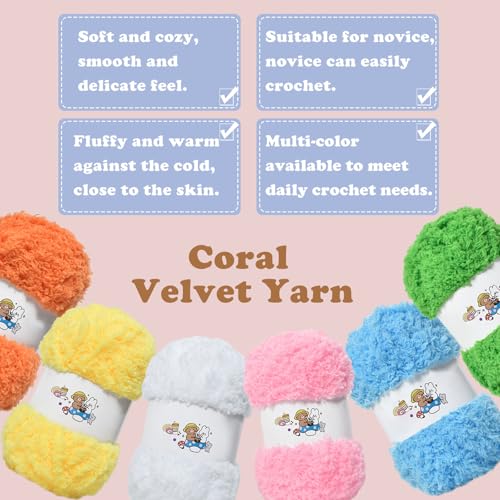 6 PCS Soft Coral Velvet Chenille Yarn for Crocheting,Fluffy Yarn for Knitting and Crochet DIY Craft,Warm Crochet for Bag Hat Scarve Gloves Slippers Dolls MulticolorA - color: multicolorA